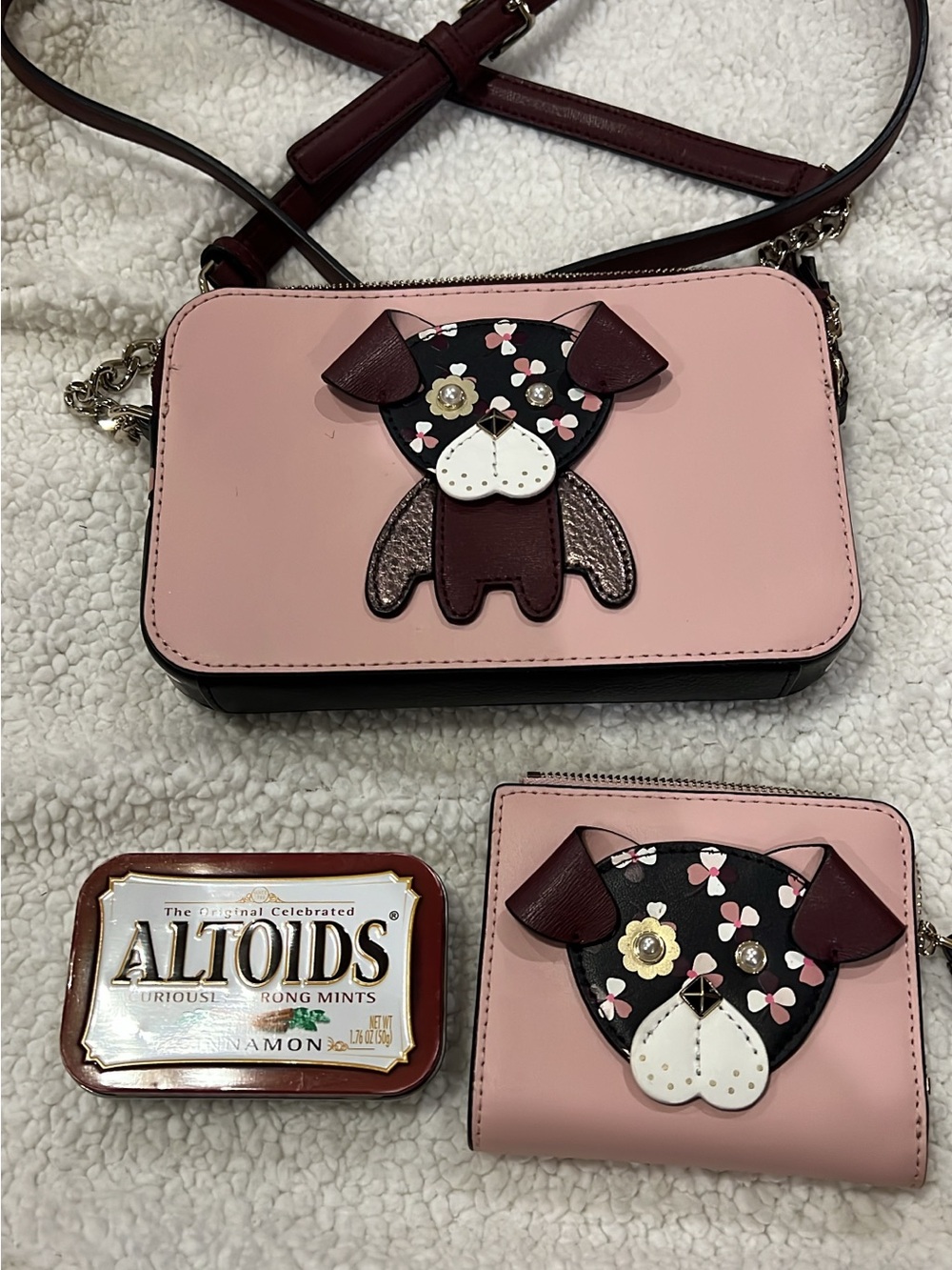 kate spade Pink and Burgundy Floral Dog Appliqué Crossbody and Wallet Set